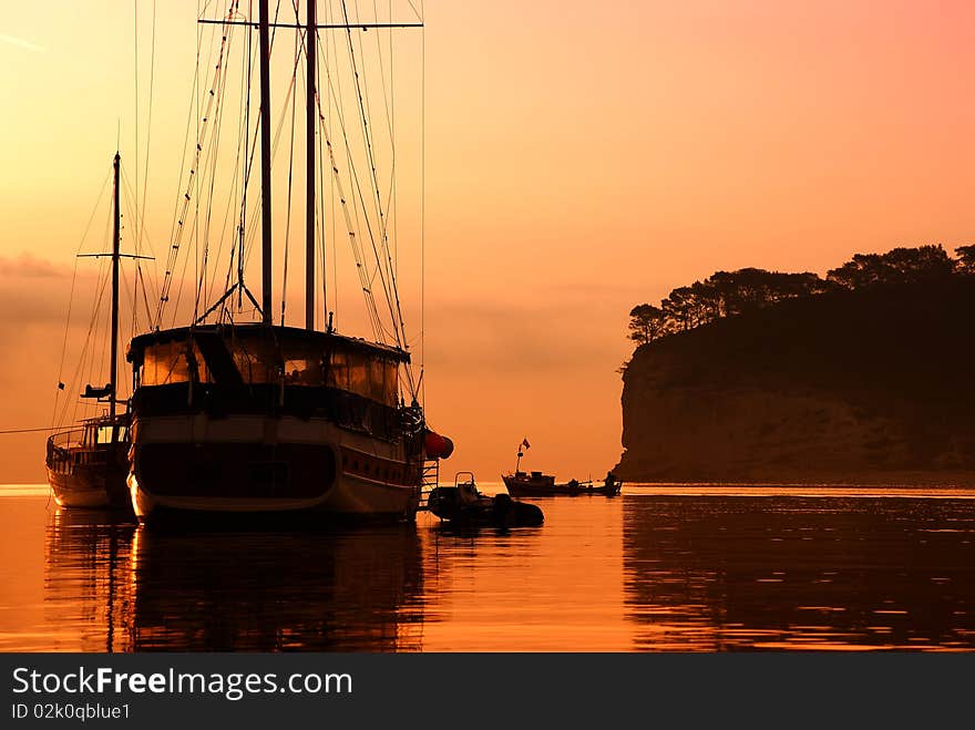 The ancient ship in the sea