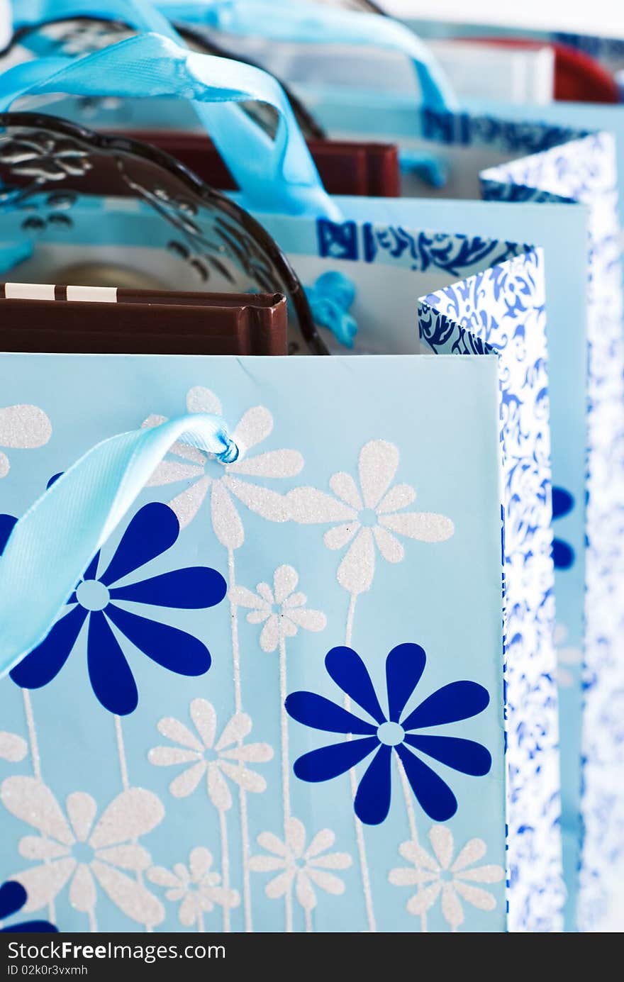 Blue paper bags with gifts. Blue paper bags with gifts