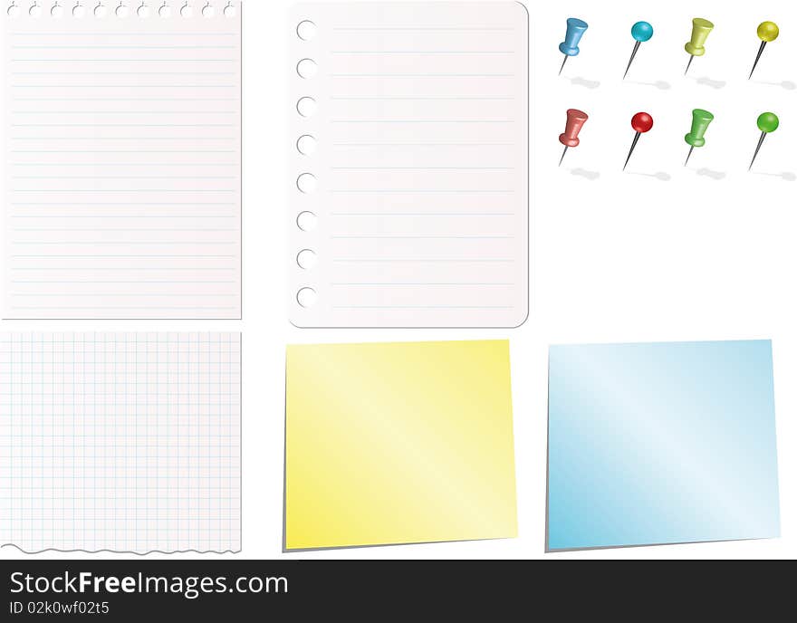 Note papers in white blue yellow colors with pins