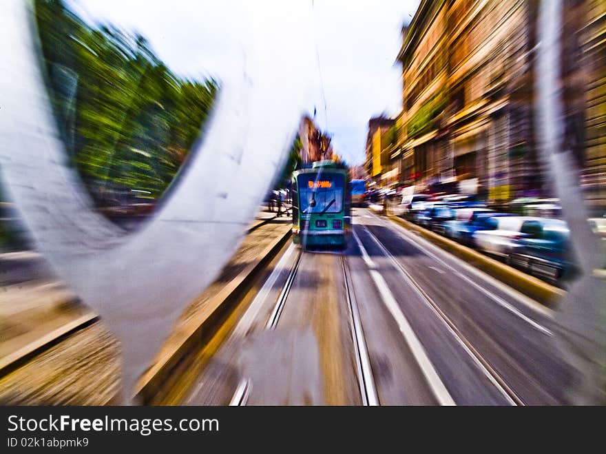 Picture taken on the tram in a busy Roman road. Picture taken on the tram in a busy Roman road