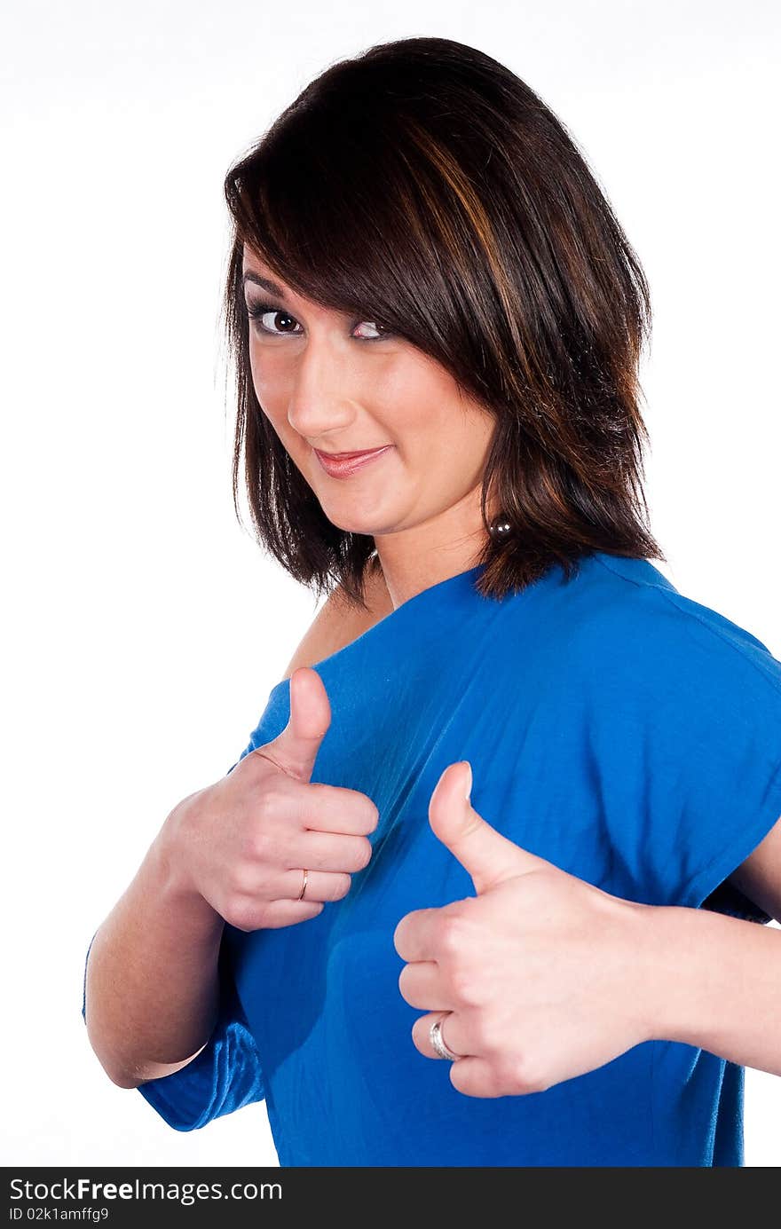 Beautiful woman showing something on the palm of her hand