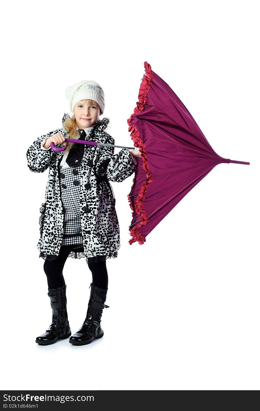 Portrait of a cute girl in a coat holding her umbrella. Isolated over white background. Portrait of a cute girl in a coat holding her umbrella. Isolated over white background.