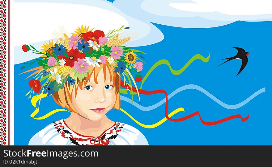 Flowers are weaved with tapes into a circle dressed on a head of the girl. Flowers are weaved with tapes into a circle dressed on a head of the girl