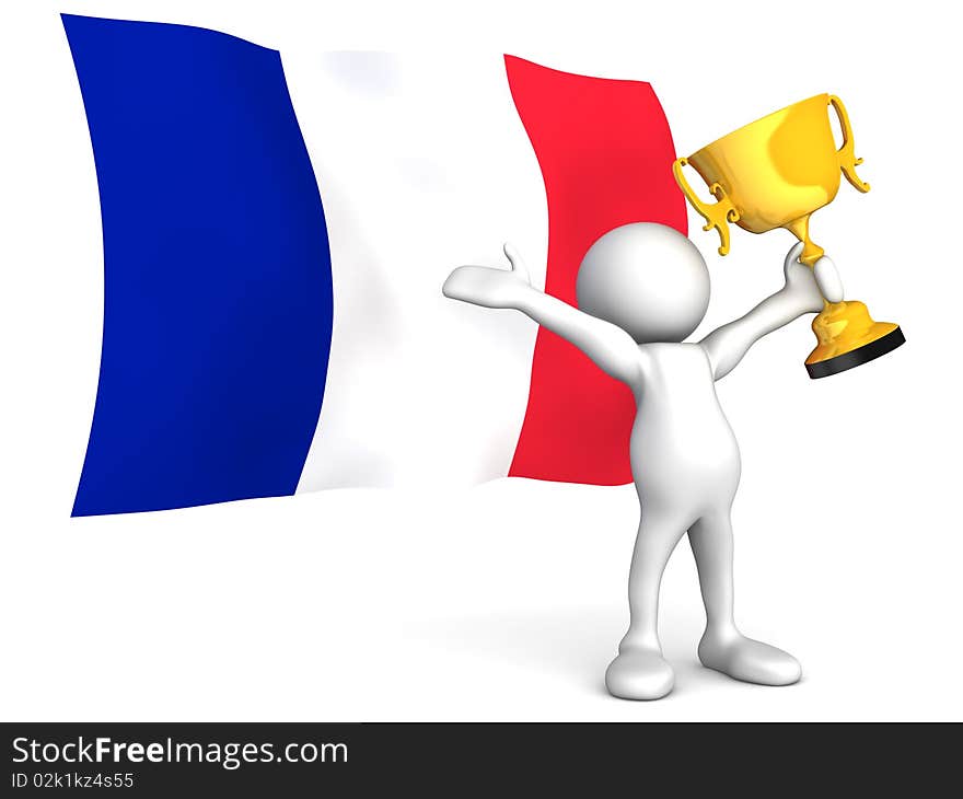 Three dimensional render of a cartoon human figure, holding a trophy aloft in celebration, in front of the flag of France. Isolated on white. Three dimensional render of a cartoon human figure, holding a trophy aloft in celebration, in front of the flag of France. Isolated on white.