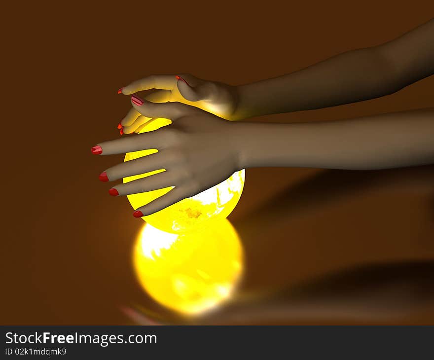 The hand rests on a bright ball, designed with a globe. The hand rests on a bright ball, designed with a globe