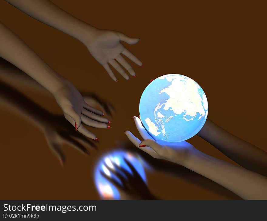 Two hands that transmit blue Glowing Globe. On dark background. Two hands that transmit blue Glowing Globe. On dark background