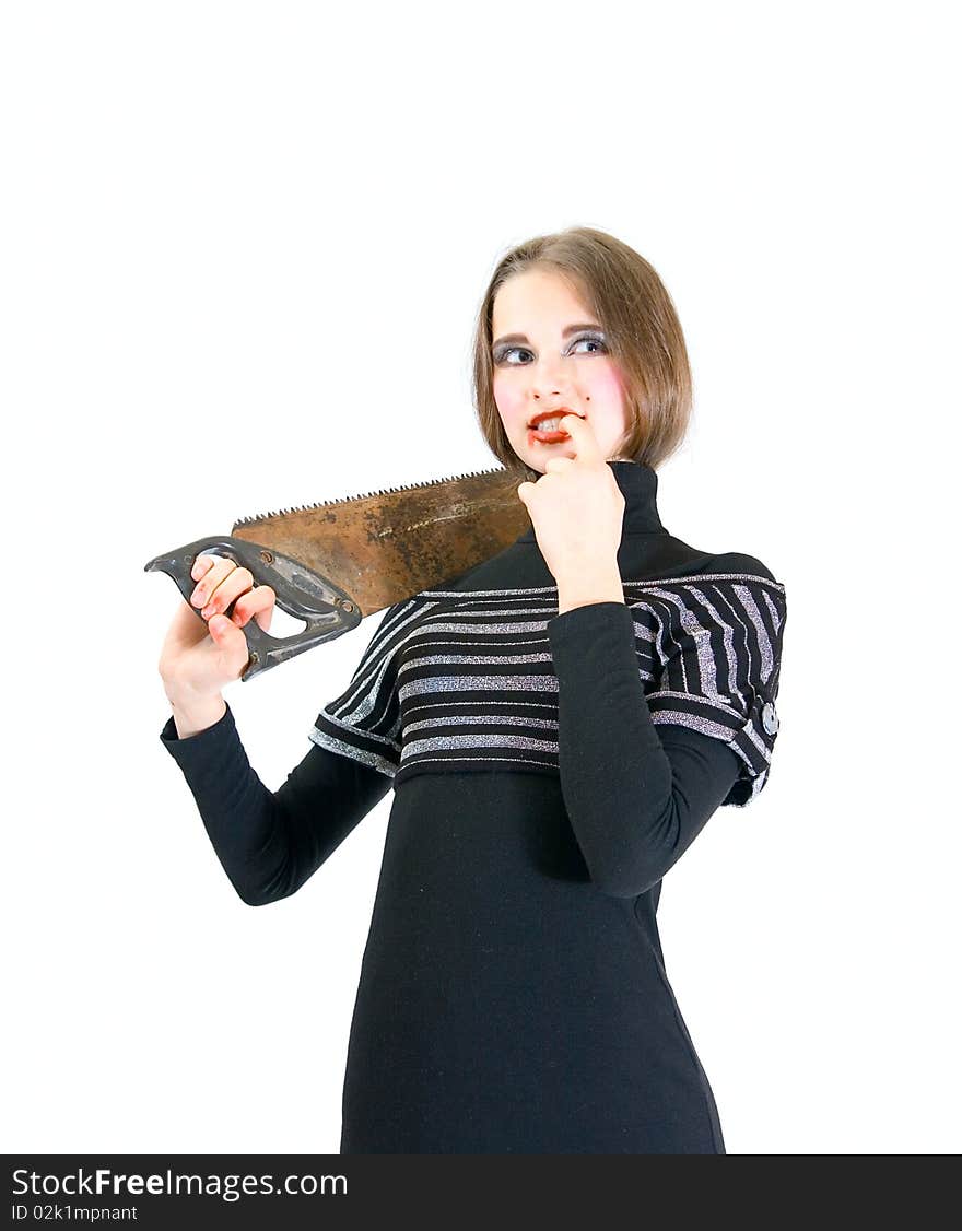 Lovely teen girl with saw