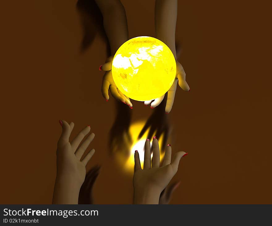 Two hands that transmit yellow Glowing Globe. On dark background. Two hands that transmit yellow Glowing Globe. On dark background