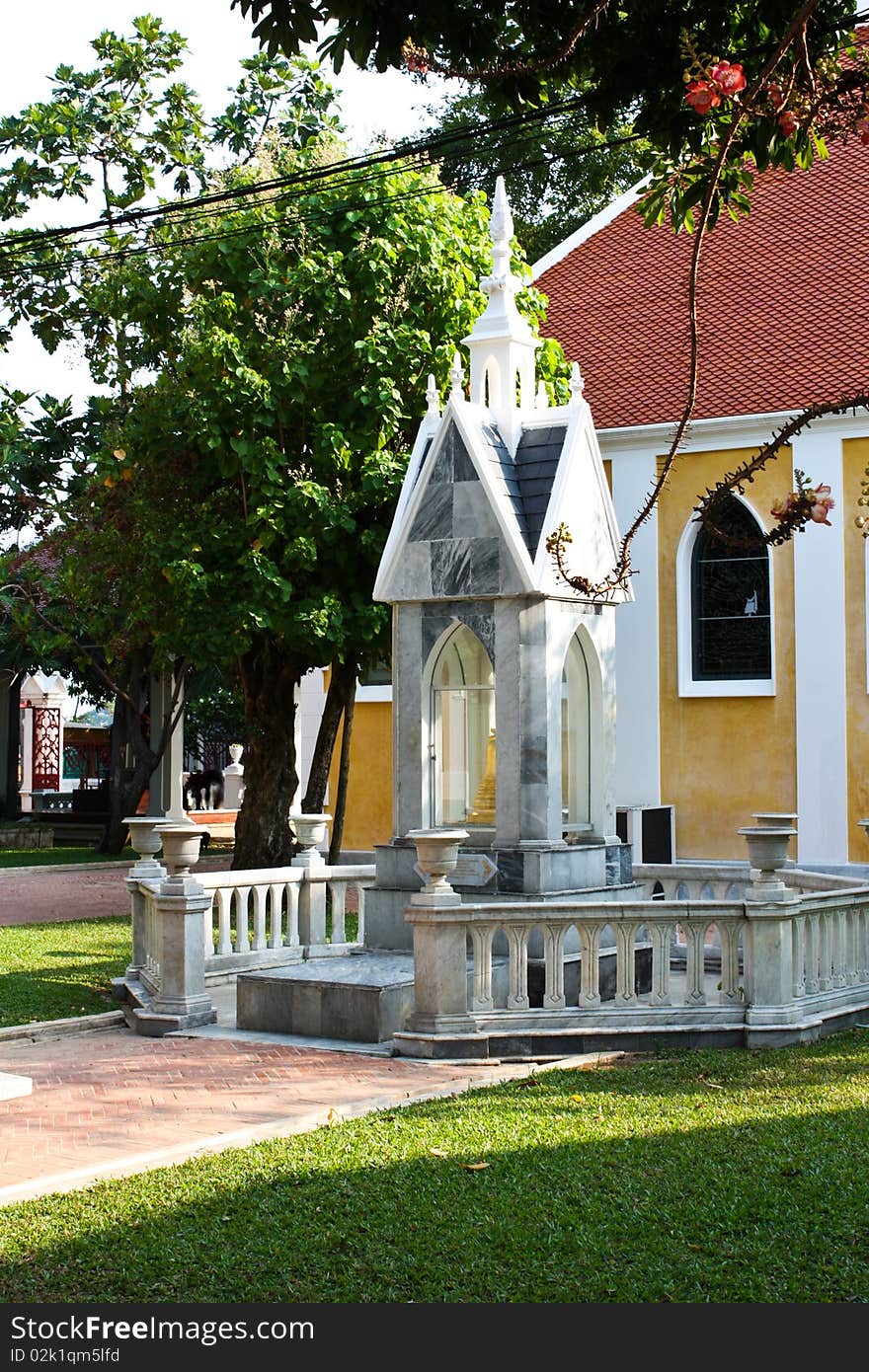 Tower of golden stupa in temple of King Rama the fifth in Thailand