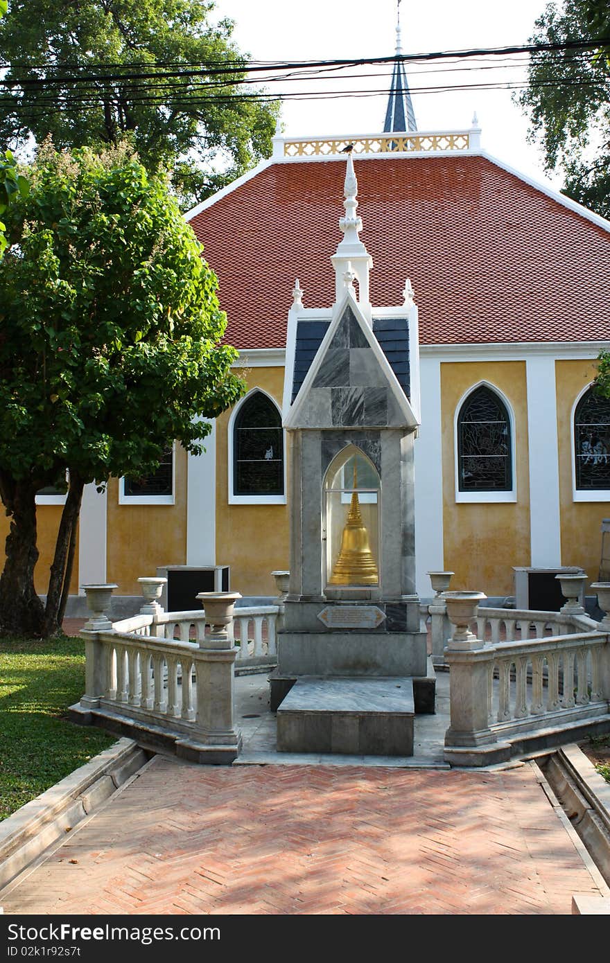 Tower of golden stupa in temple of King Rama the fifth in Thailand