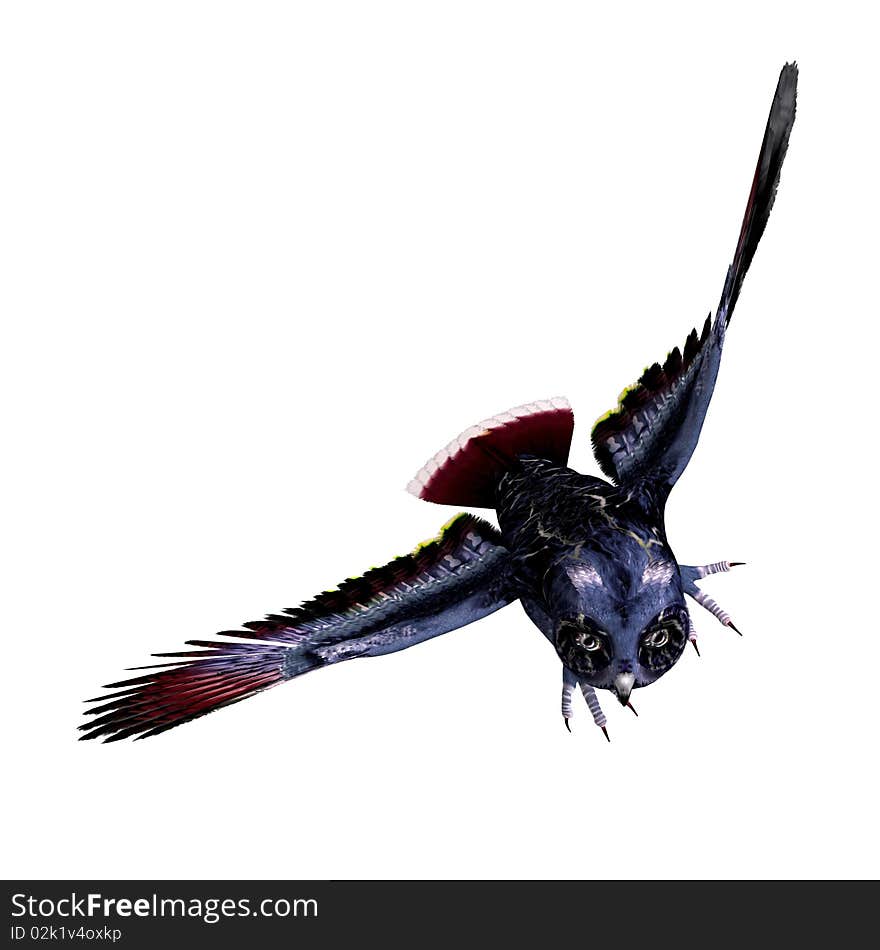 Fantasy owl in dark blue colors. 3D rendering with clipping path and shadow over white