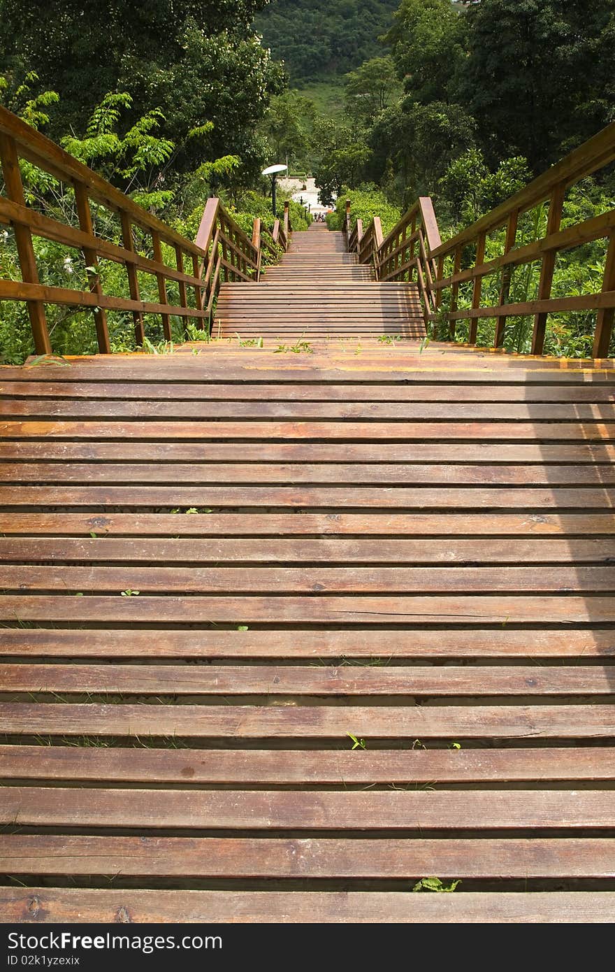 Long wood staircase downward outdoor