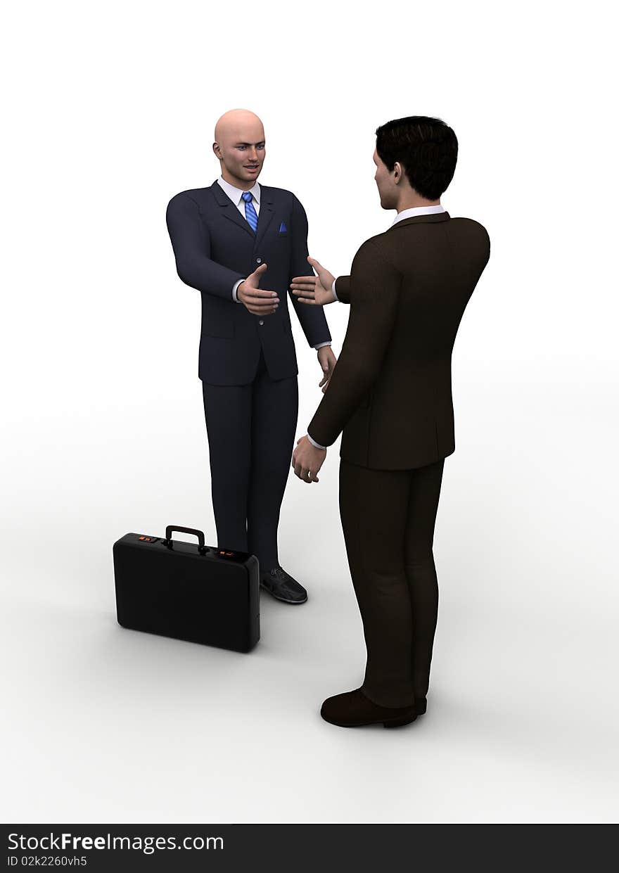 Two 3D businessmen with greeting outstretched hand. Two 3D businessmen with greeting outstretched hand.