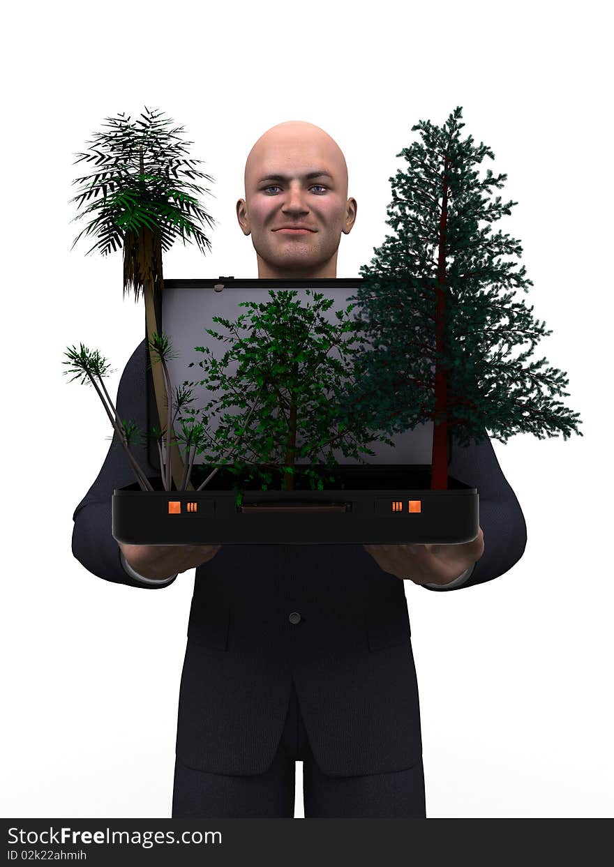 Businessman showing a portfolio with trees and plants. Businessman showing a portfolio with trees and plants