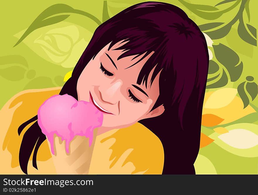 An image of an young girl eating a strawberry flavored ice cream cone. An image of an young girl eating a strawberry flavored ice cream cone