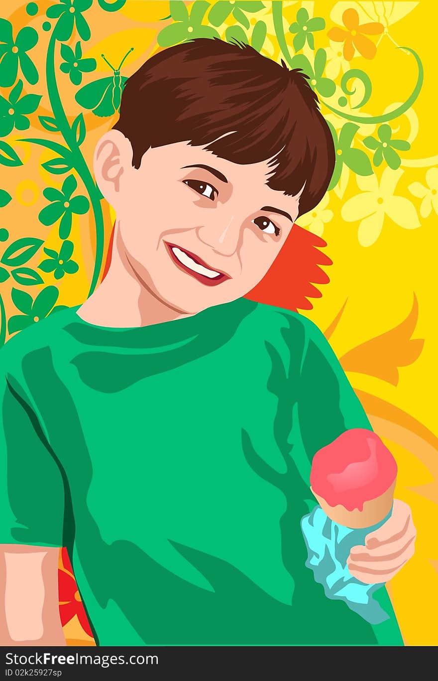 An image of a smiling boy wearing a green t-shirt and holding an ice cream cone in his left hand. An image of a smiling boy wearing a green t-shirt and holding an ice cream cone in his left hand