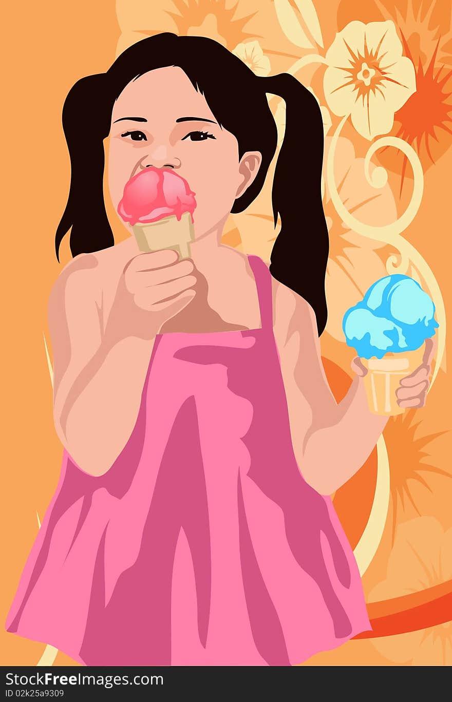 An image of a small girl in pigtails and pink frock is eating one cone of ice cream while holding another cone in her other hand. An image of a small girl in pigtails and pink frock is eating one cone of ice cream while holding another cone in her other hand