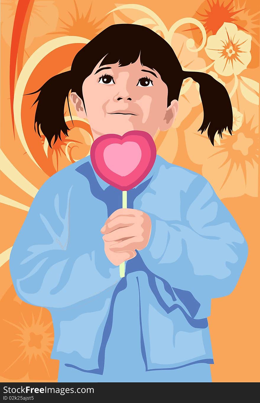 An image of a small girl in pigtails holding a heart-shaped ice cream on a stick with both her hands and looking up at someone. An image of a small girl in pigtails holding a heart-shaped ice cream on a stick with both her hands and looking up at someone