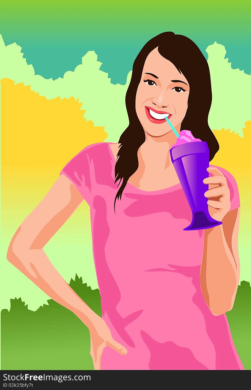 An image of a smiling young woman in a pink outfit having a tall glass of frozen sherbet with the help of a straw. An image of a smiling young woman in a pink outfit having a tall glass of frozen sherbet with the help of a straw