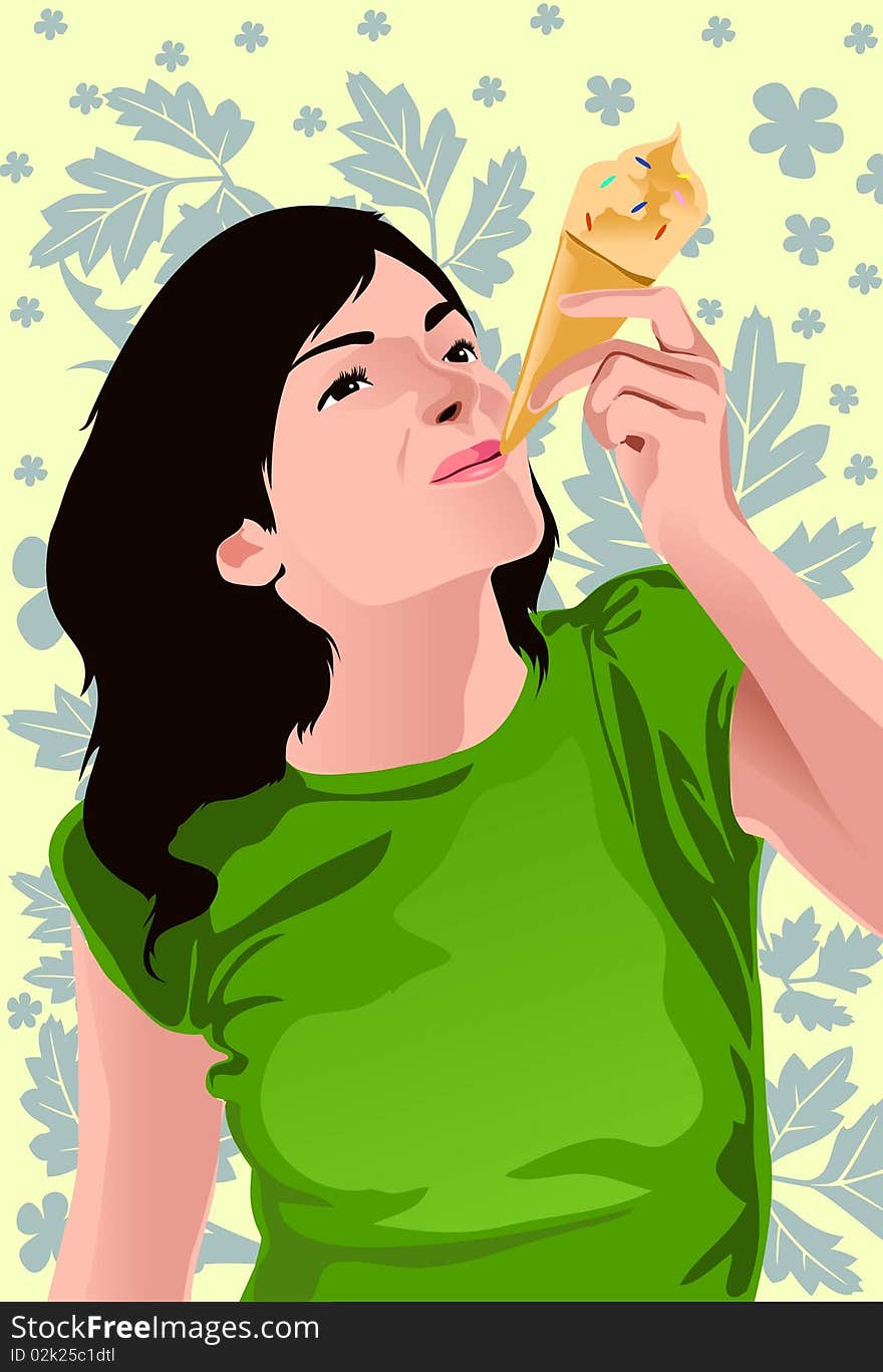 An image of a young woman dressed in green eating the pointed end of her ice cone first. An image of a young woman dressed in green eating the pointed end of her ice cone first