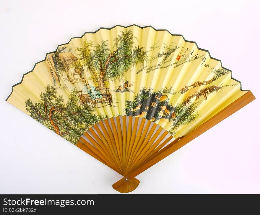 Traditional Chinese fan. Close up on white background