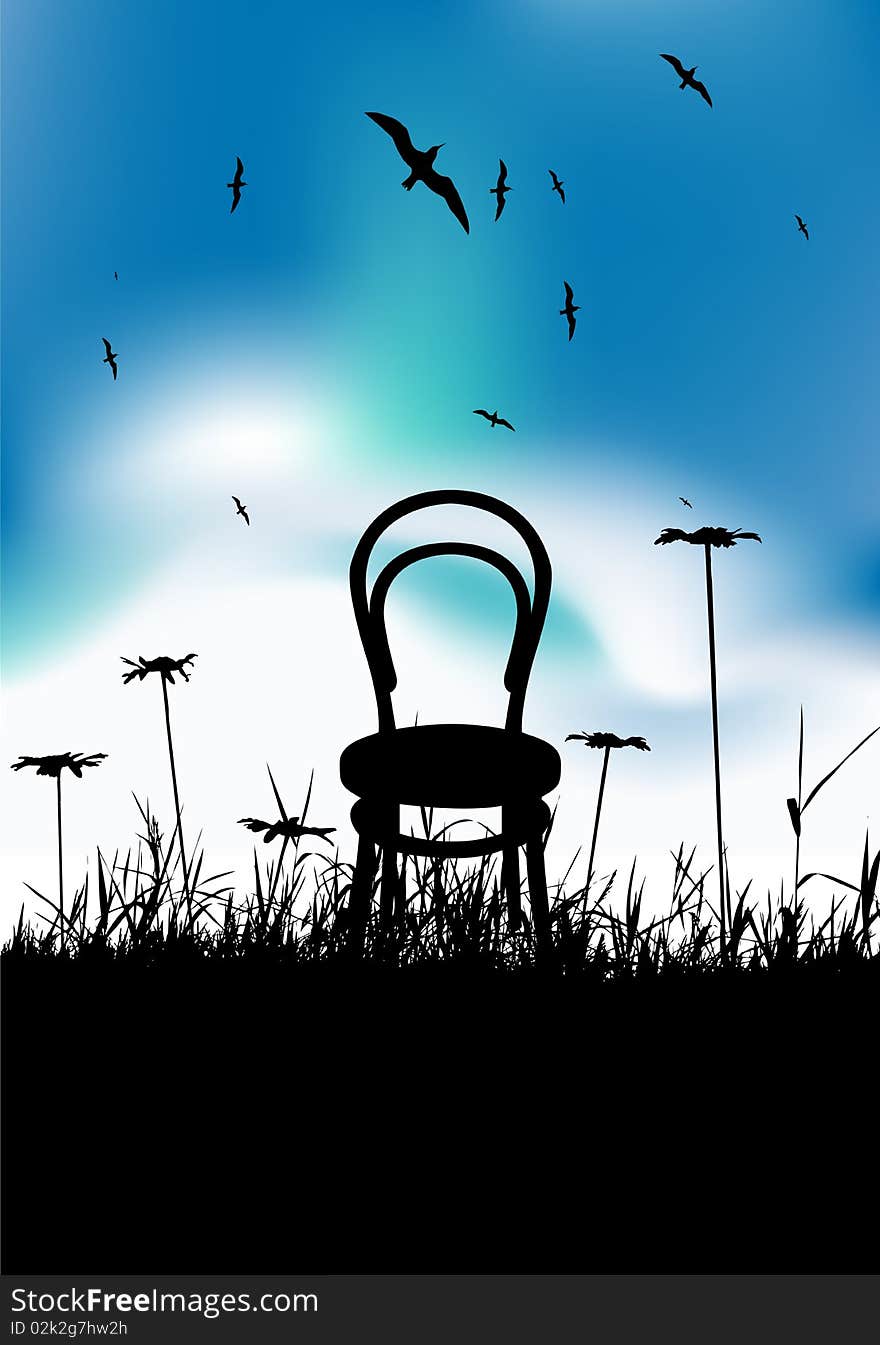 Chair on meadow summer, black silhouette