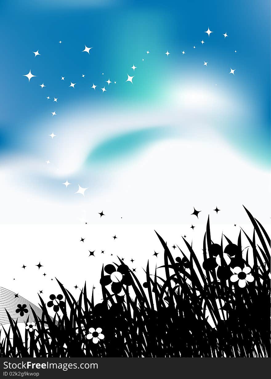 Summer meadow and birds in sky, black silhouette, vector illustration