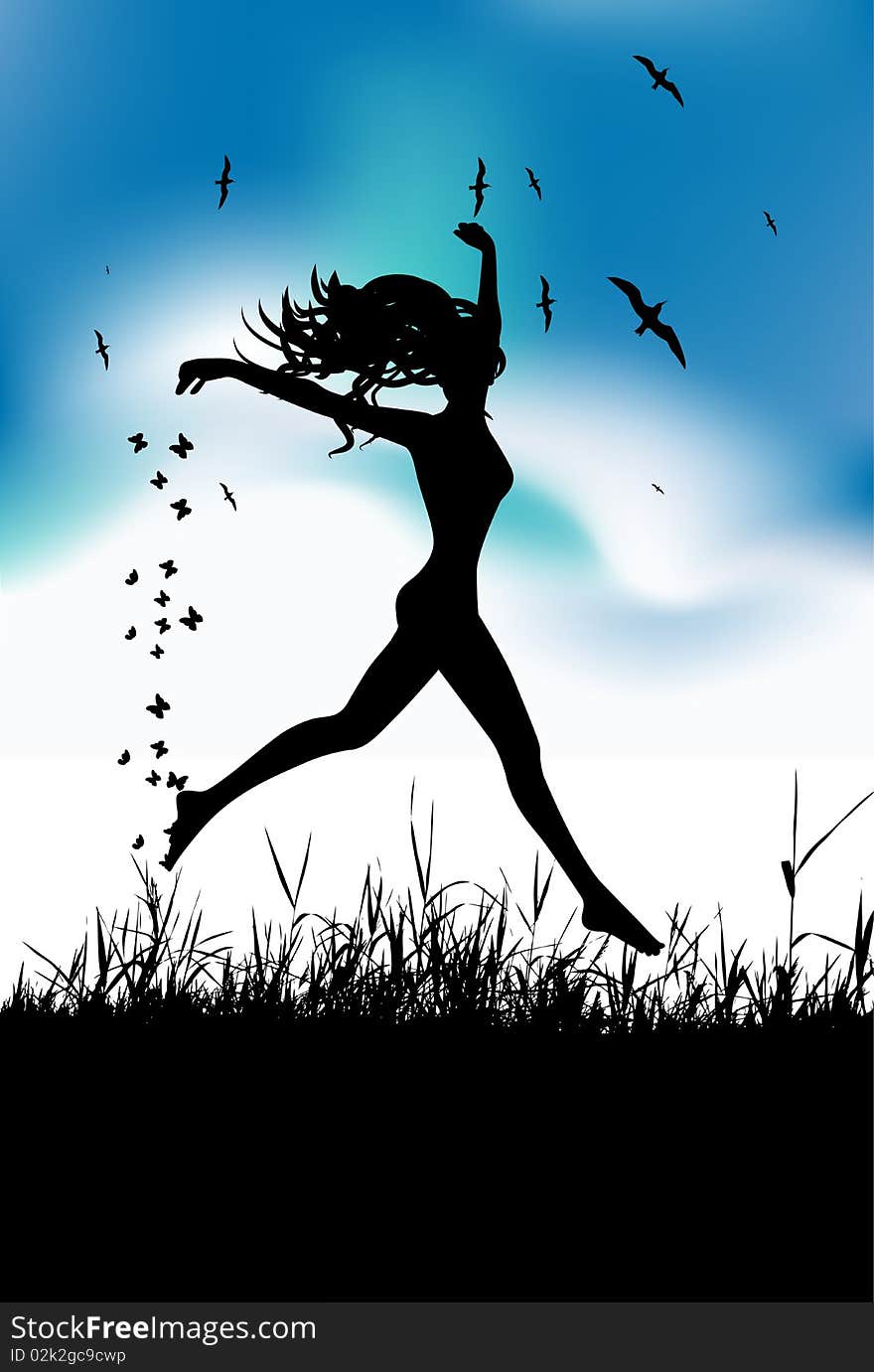 Young woman running on summer meadow, vector illustration