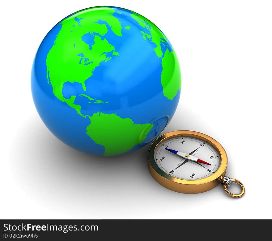 3d illustration of earth globe and compass over white background. 3d illustration of earth globe and compass over white background