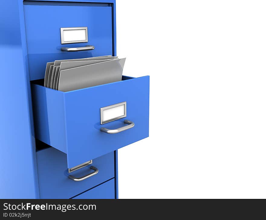 3d illustration of opened office shelf with documents inside. 3d illustration of opened office shelf with documents inside