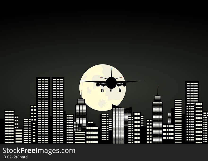 The plane comes on planting in a night city. A vector illustration