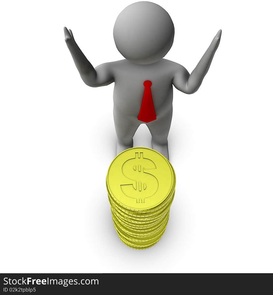 3d man with stack of dollar coins isolated on white