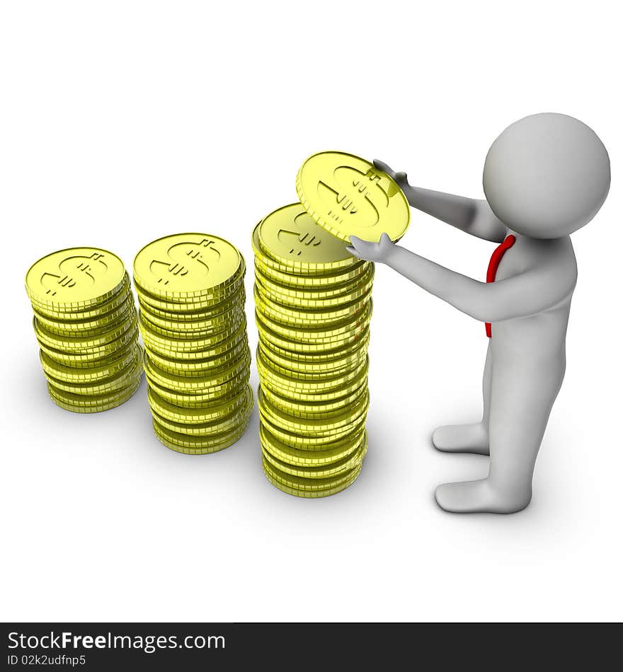 3d businessman with stock of dollar coins isolated on white