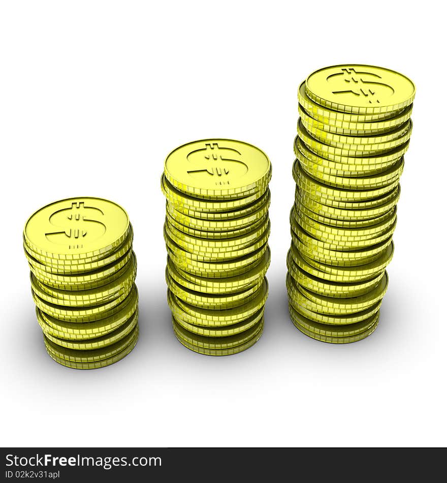 Stack of 3d dollar coins isolated on white