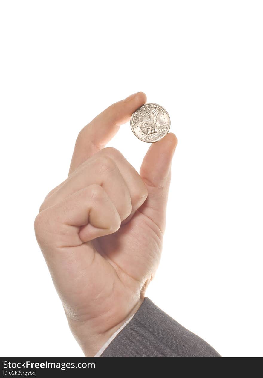 Businessman's hand with one dollar isolated on white background