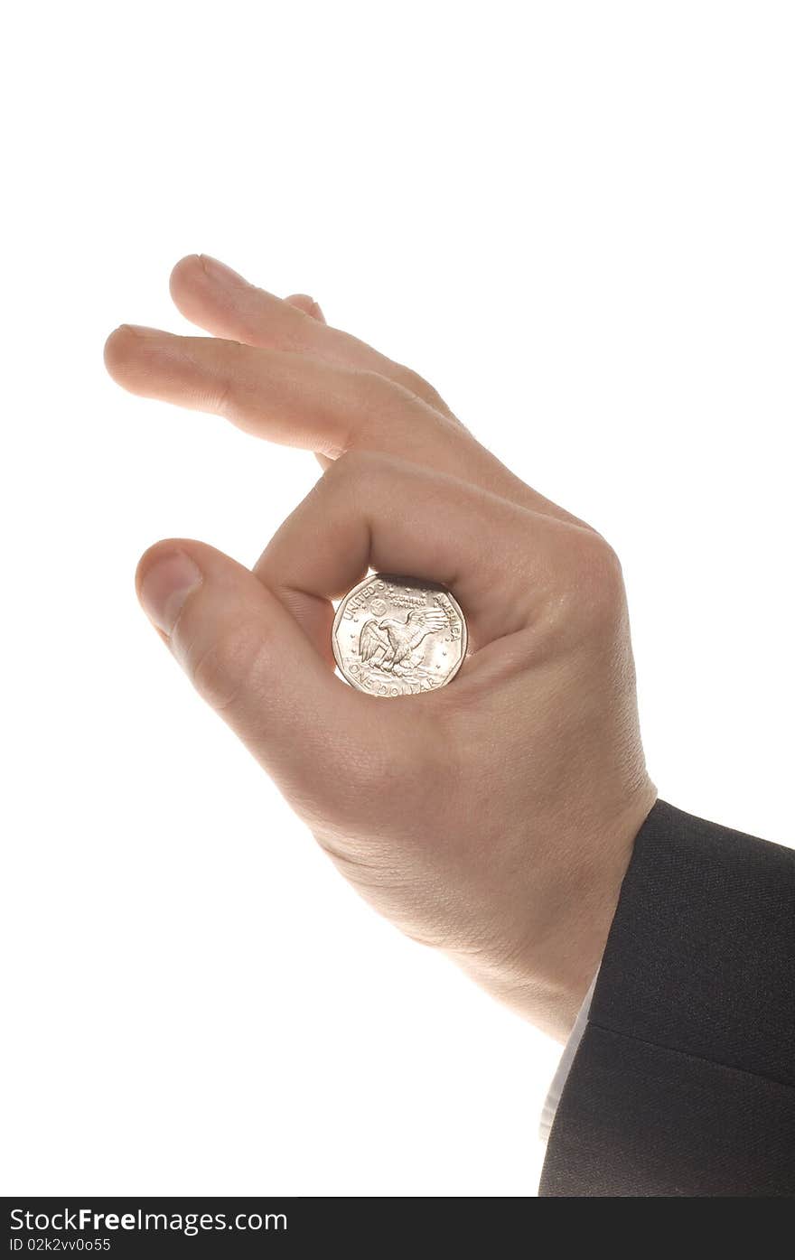 Man's hand make OK with one dollar isolated on white background