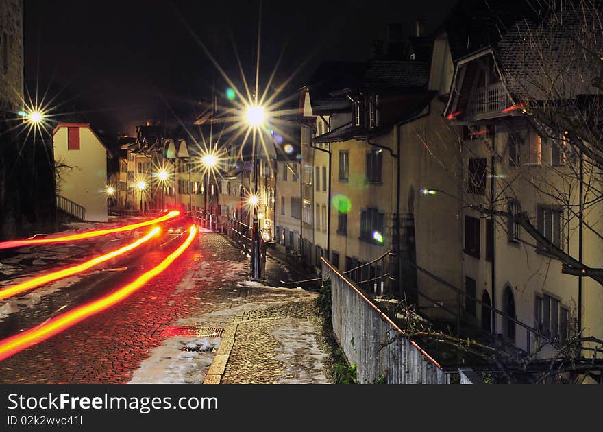 Winter's night scene, historic town of Aarau. Winter's night scene, historic town of Aarau