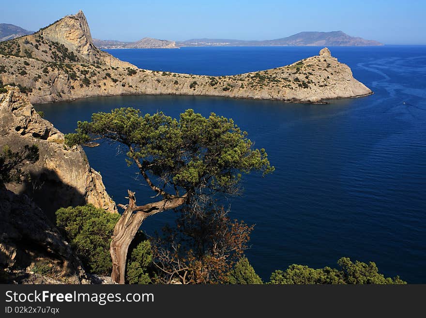 Mountain and sea landscape east of crimea. The mountains and rocks, covered with juniper and pine. Blue sea