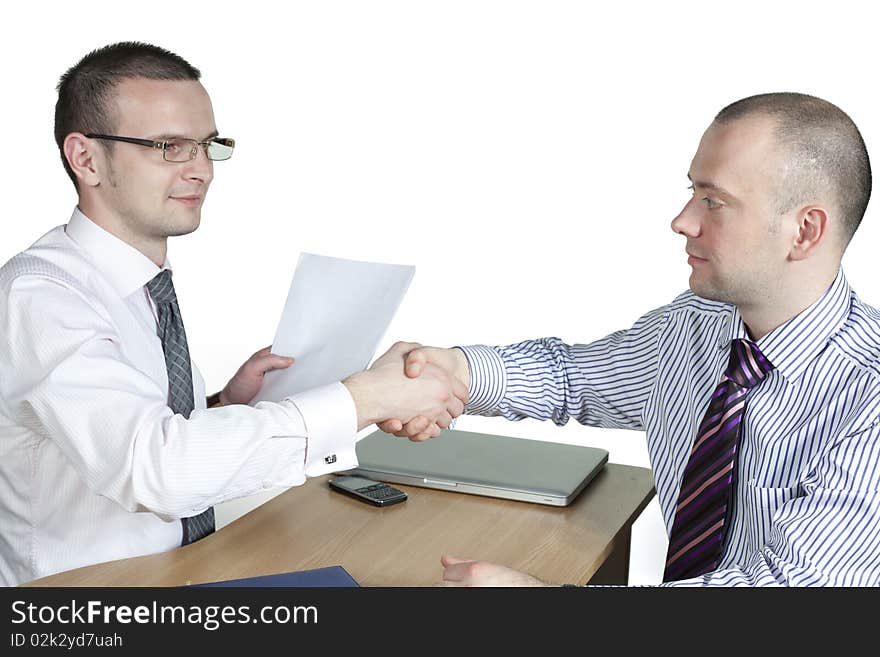 Professionals greet each other at their office. Professionals greet each other at their office