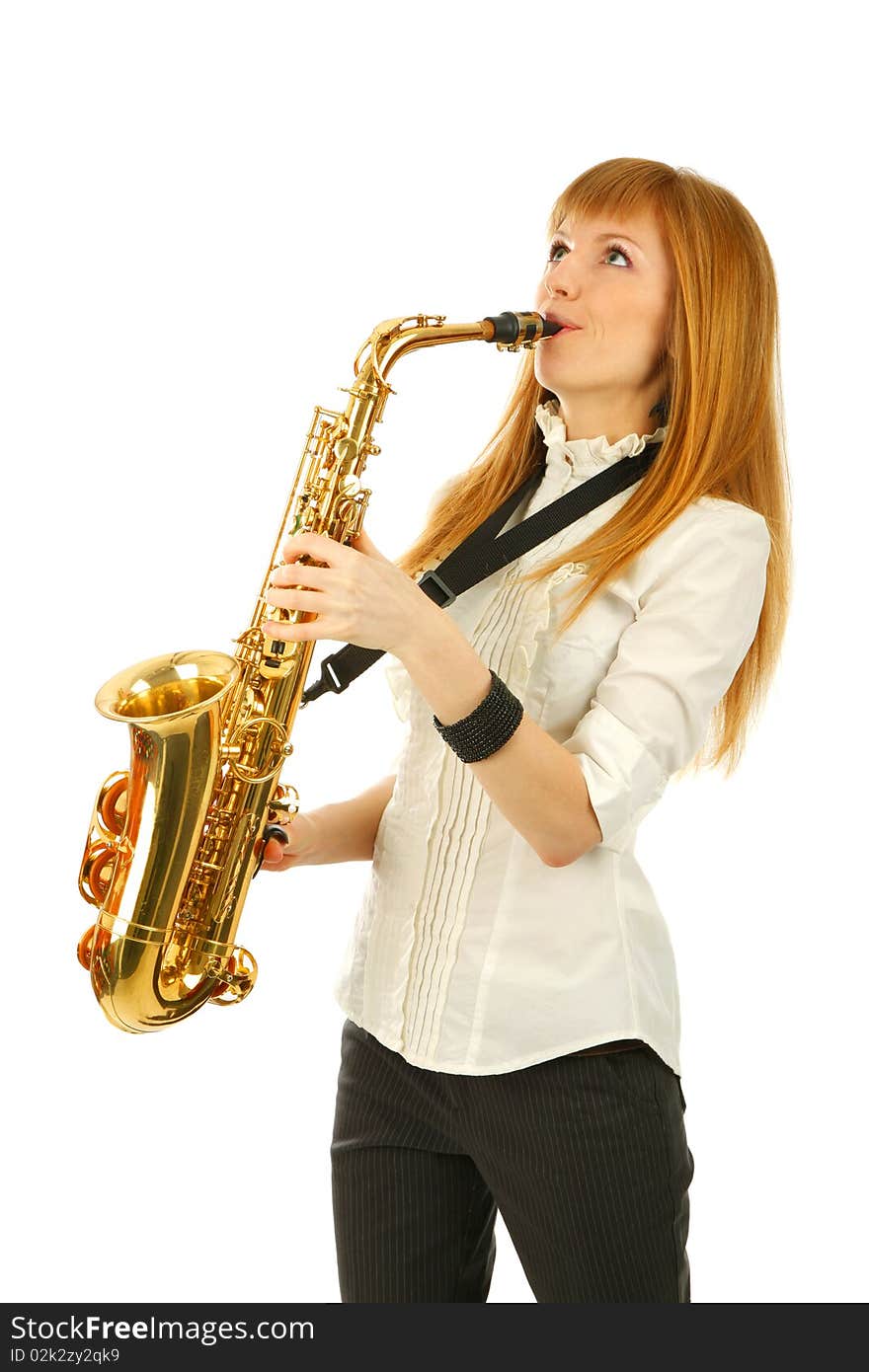 Girl with a sax isolated background