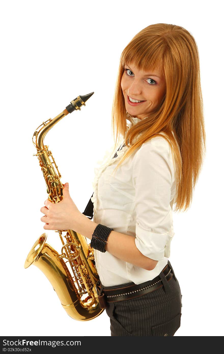 Smiling girl with a sax isolated background