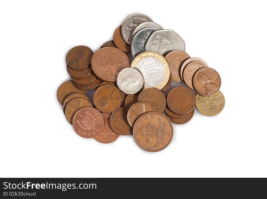 Heap of coins on white background