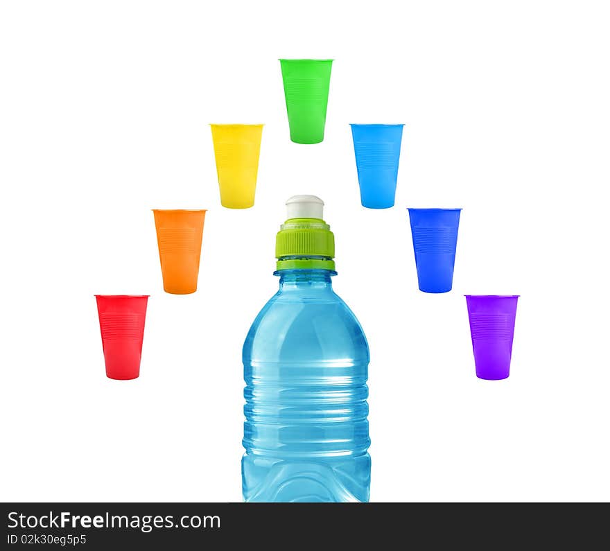 Mug and bottles with rainbow isolated background. Mug and bottles with rainbow isolated background