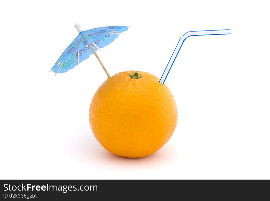 Orange with straw and umbrella over white