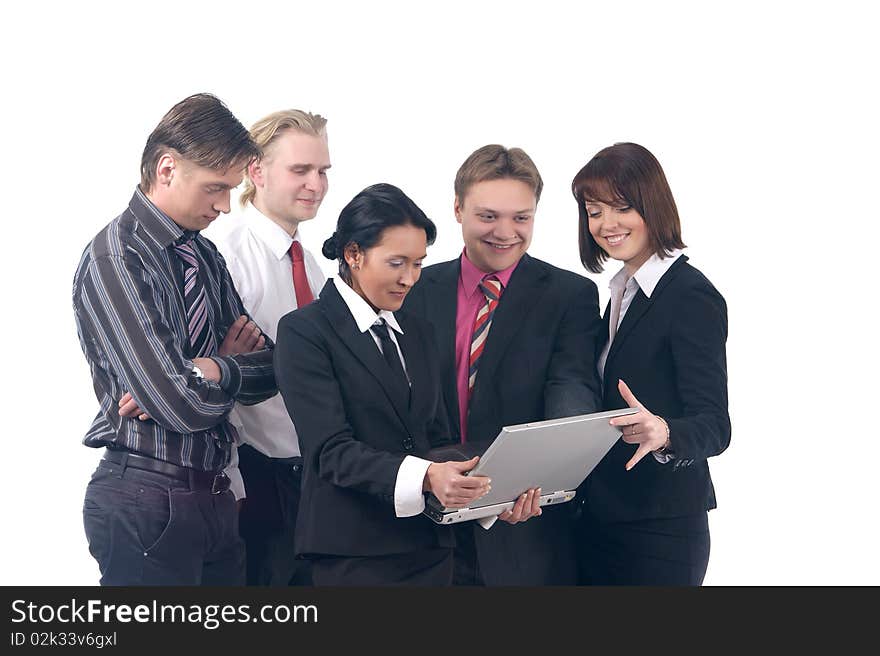 A business team of three men and two young woman