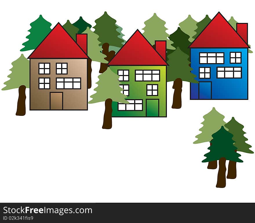 Trees and houses in the forest. Trees and houses in the forest