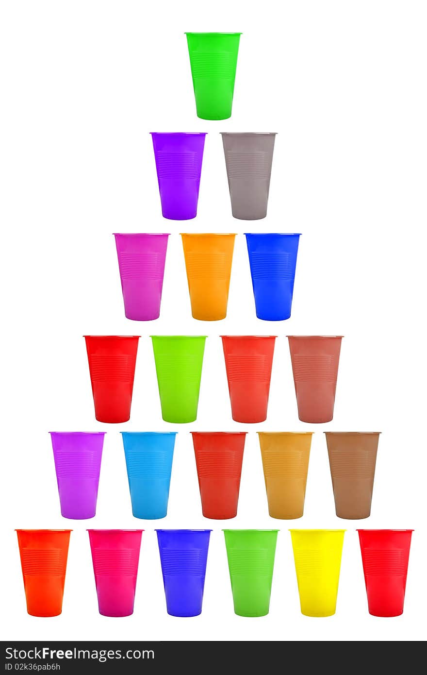 Colour mountain of plastic mugs on a white background