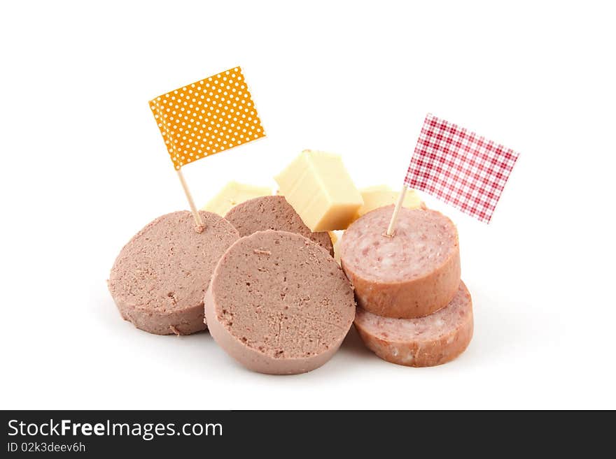 Partysnakcs,chees en sausage isolated on white background. Partysnakcs,chees en sausage isolated on white background