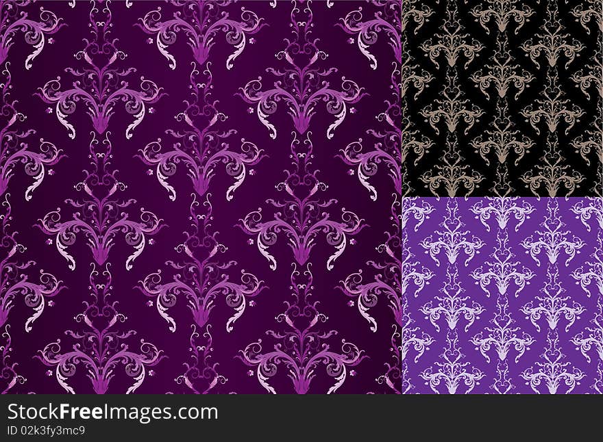 Set of ornate violet and black seamlesses