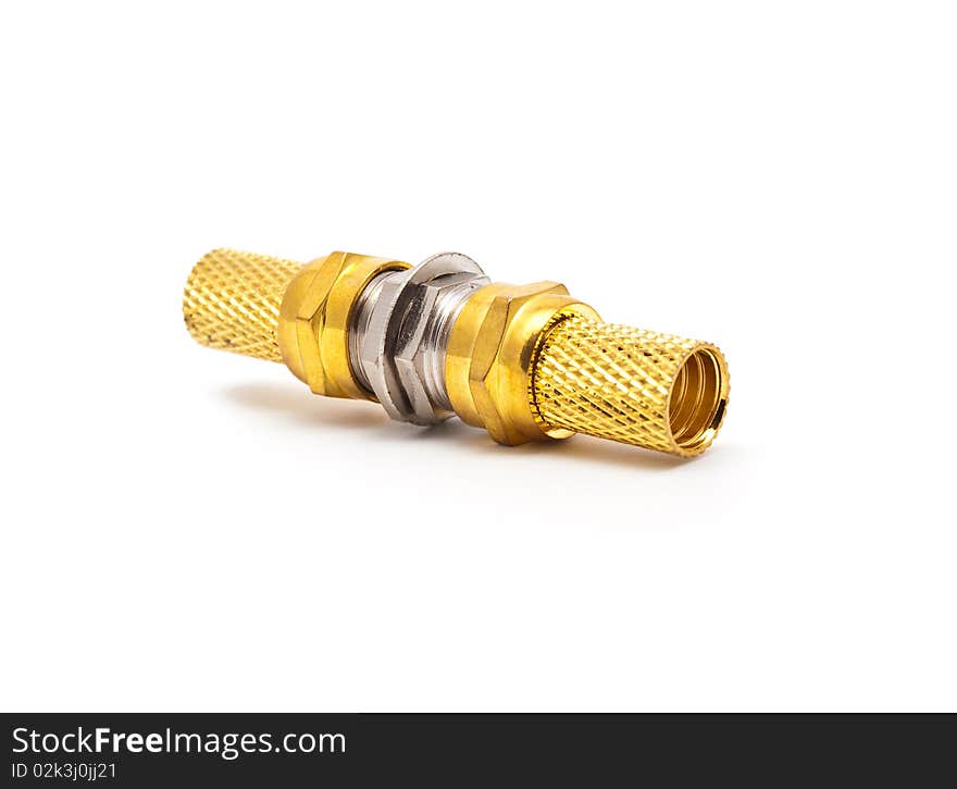 Gilded television connectors on a white background